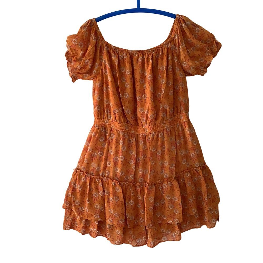 Boho Floral Off-Shoulder Mini Dress Orange Ruffle Hem Summer Beach Casual